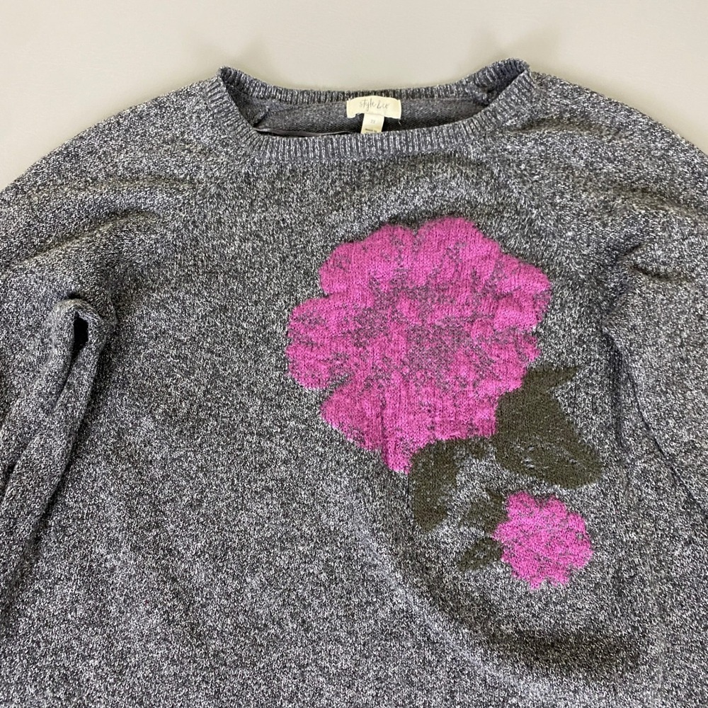 Style & Co Sweater Women's Plus 2X Gray Knit Rose Flower Long Sleeve Pullover - Picture 2 of 11